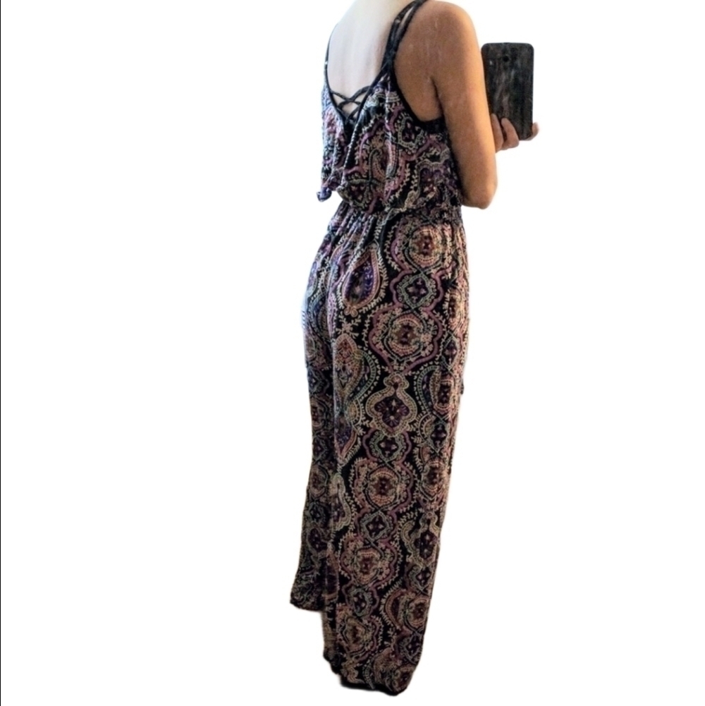 Wide leg, paisley purple,pink, and black jumpsuit romper, small, Angie